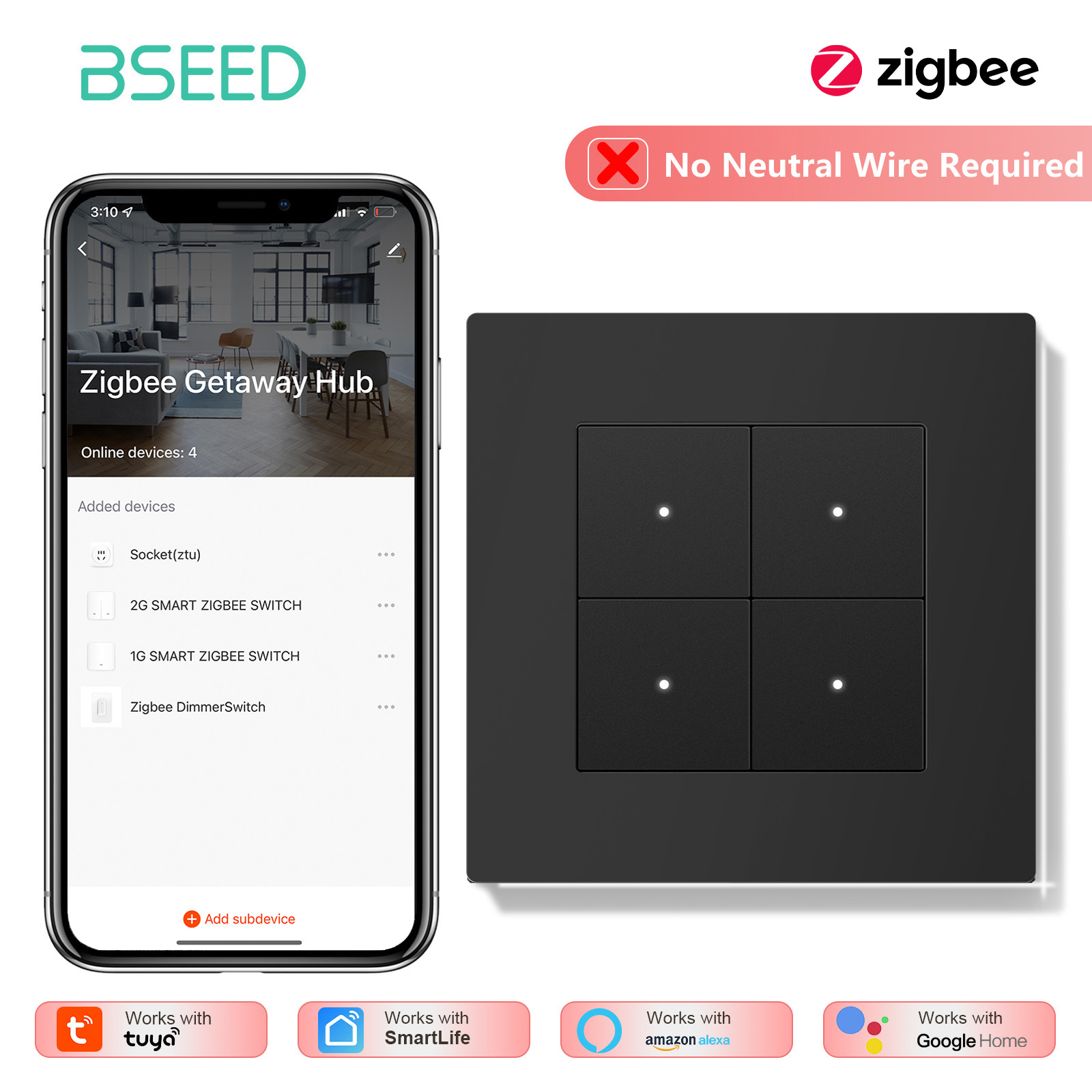 Interruptor de Luz Zigbee BSEE - Tuya 4 Channel reseña y precio